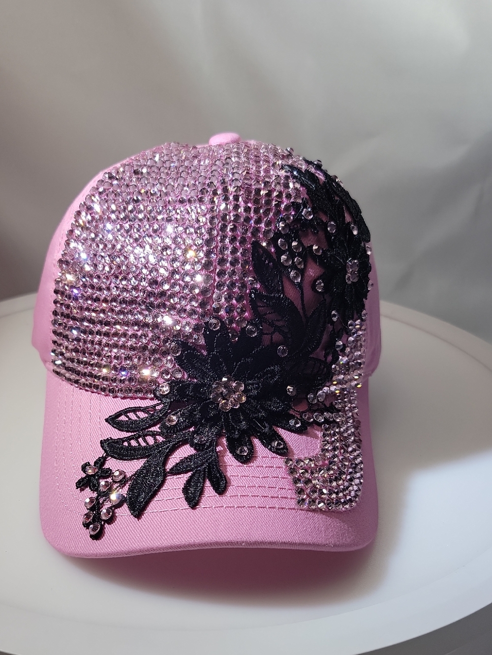 Pink Crystal Embellished Floral Baseball Cap